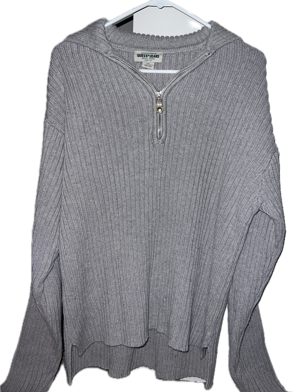 Vintage Guess Jeans Men’s 100% Cotton Gray Quarter-Zip Ribbed Sweater